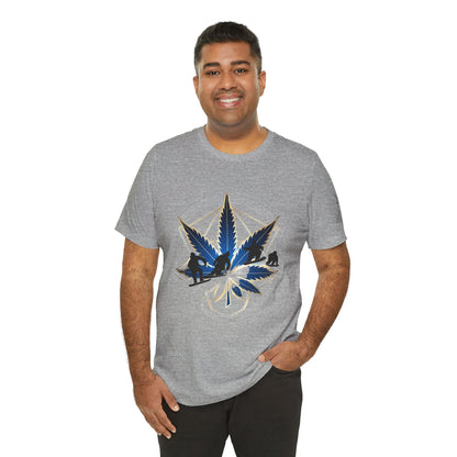 Sacred Geometry Snowboard Premium Cannabis Culture T-Shirt - Emerald Green Tee With Action Sports And Crystalline Cannabis Geometric Mandala