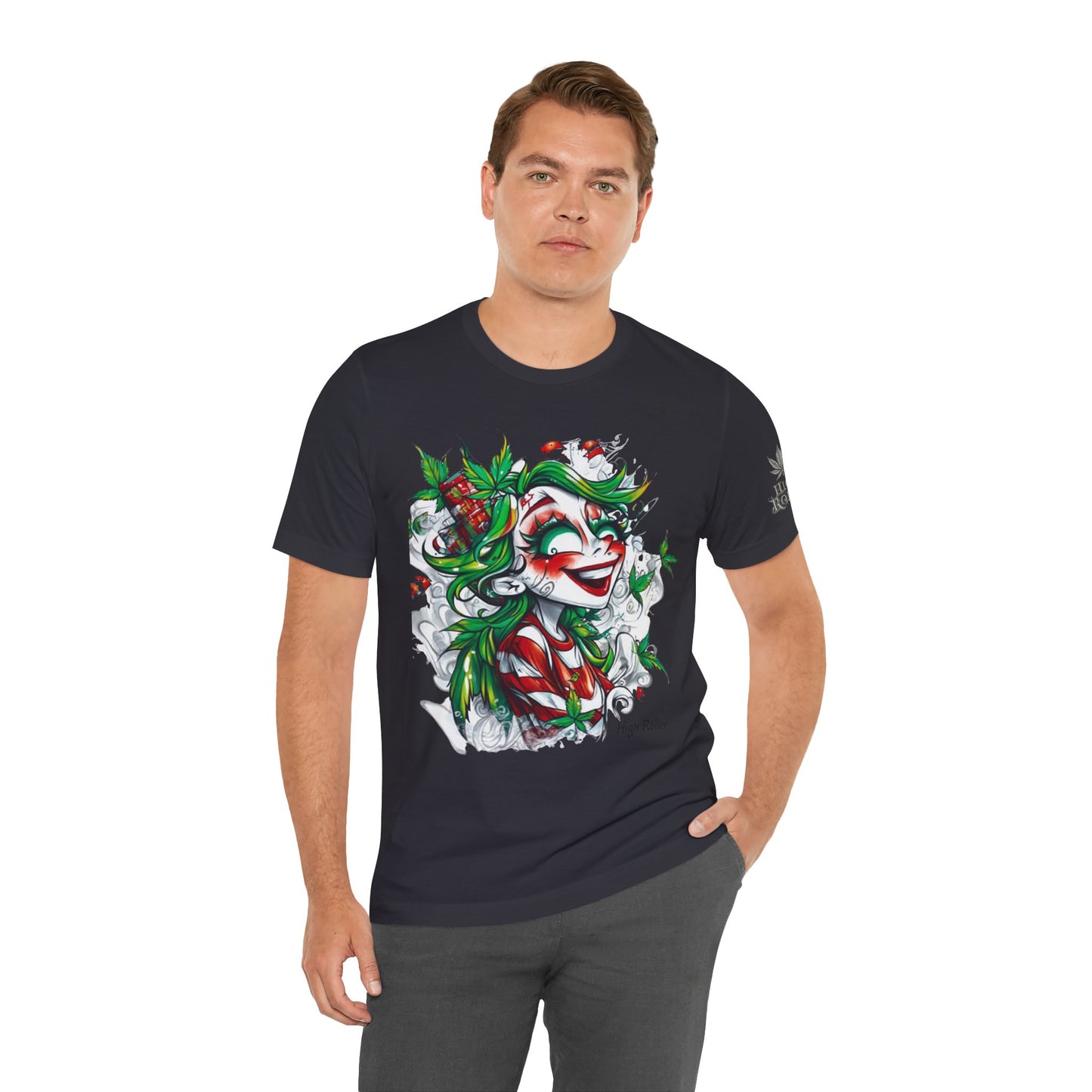 High Roller Jester Queen Cannabis T-Shirt - Premium 420 Harlequin Beauty Holiday Celebration Apparel