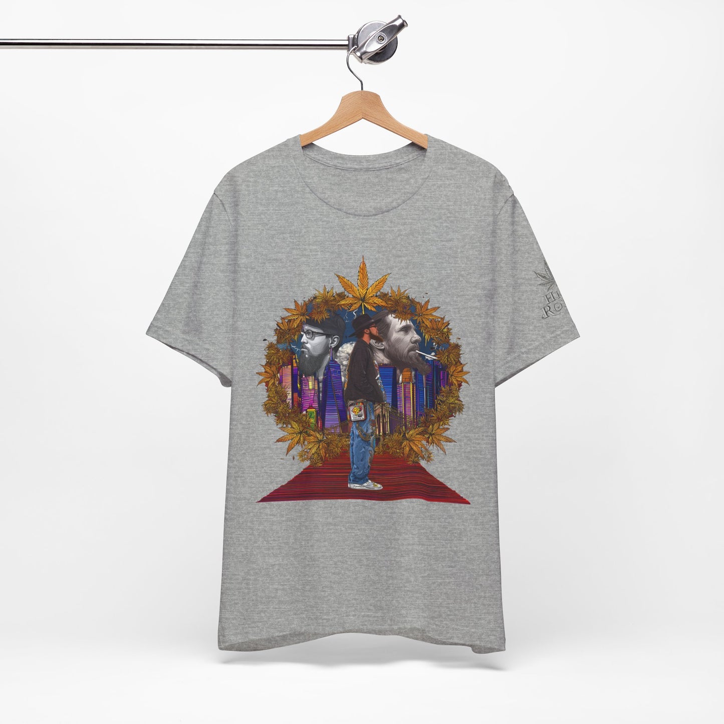 Red Carpet Royalty Premium Cannabis Culture T-Shirt - Hip-Hop Legends Tribute With Golden Cannabis Wreath And City Skyline