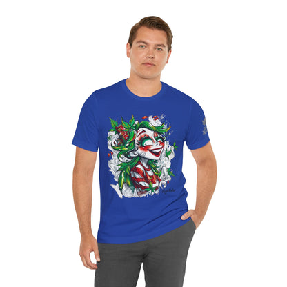 High Roller Jester Queen Cannabis T-Shirt - Premium 420 Harlequin Beauty Holiday Celebration Apparel