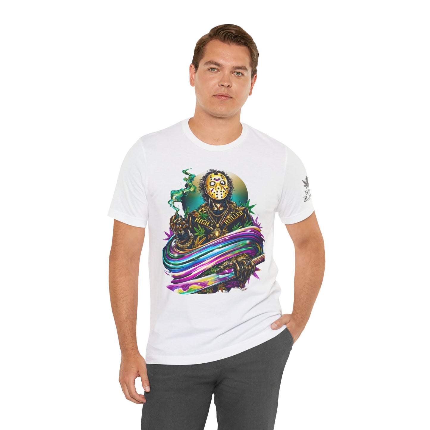 Psychedelic Jason Swoosh Cannabis T-Shirt - Premium Horror 420 Orange Edition Apparel
