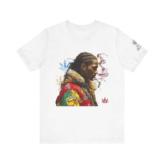 Street Fashion Icon Premium Cannabis Culture T-Shirt - Luxury Streetwear Profile With Colorful Vintage Jacket And Artistic Smoke Elements