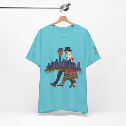High Roller Urban Legends Cannabis T-Shirt - Premium 420 City Skyline Street Culture Double Exposure Apparel