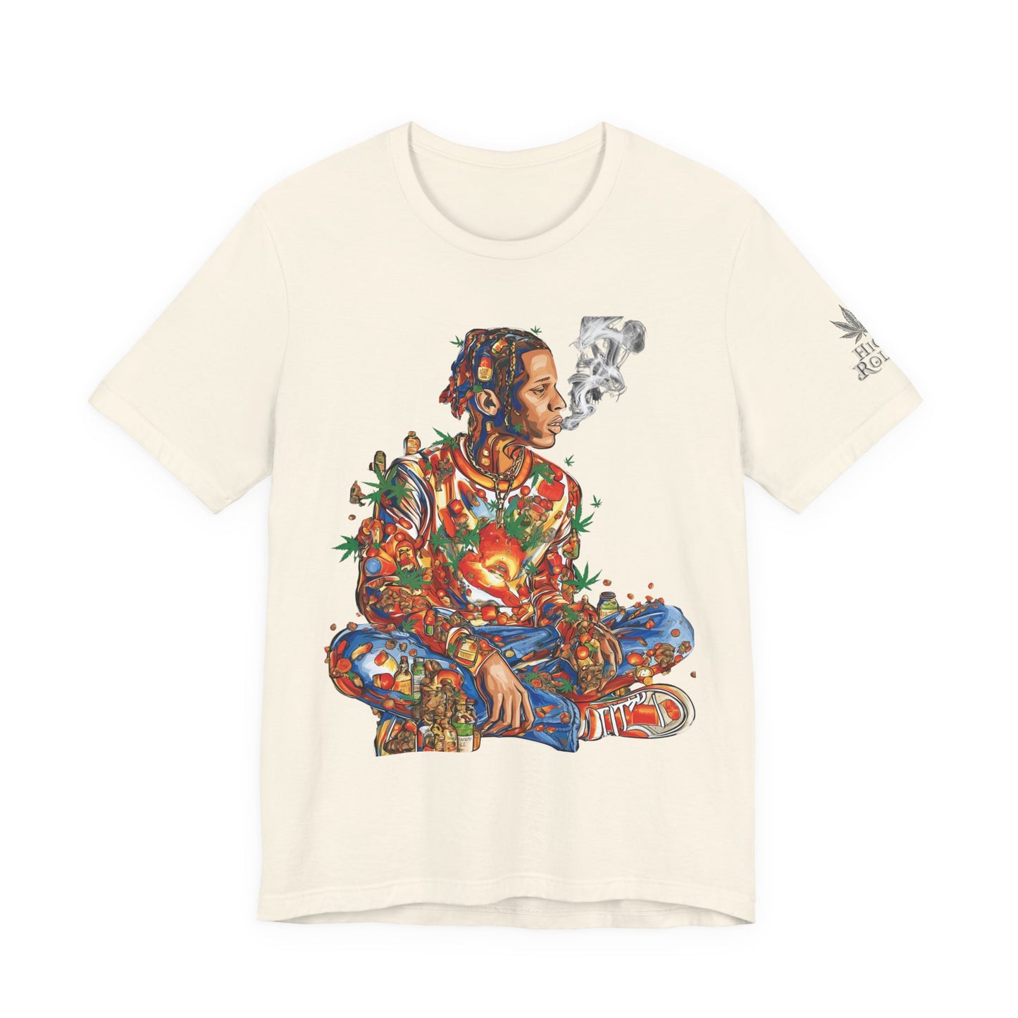 High Roller Meditation Mosaic Cannabis T-Shirt - Premium 420 Hip-Hop Zen Cross-Legged Street Culture Artistic Collage Apparel