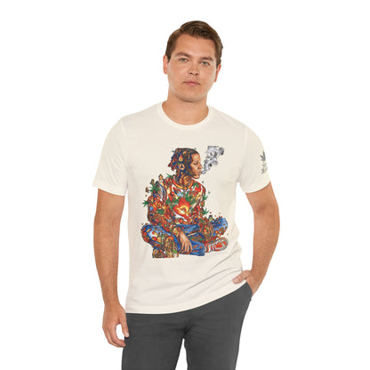 High Roller Meditation Mosaic Cannabis T-Shirt - Premium 420 Hip-Hop Zen Cross-Legged Street Culture Artistic Collage Apparel