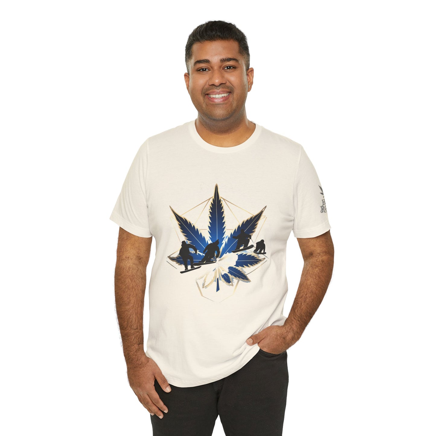 Sacred Geometry Snowboard Premium Cannabis Culture T-Shirt - Emerald Green Tee With Action Sports And Crystalline Cannabis Geometric Mandala