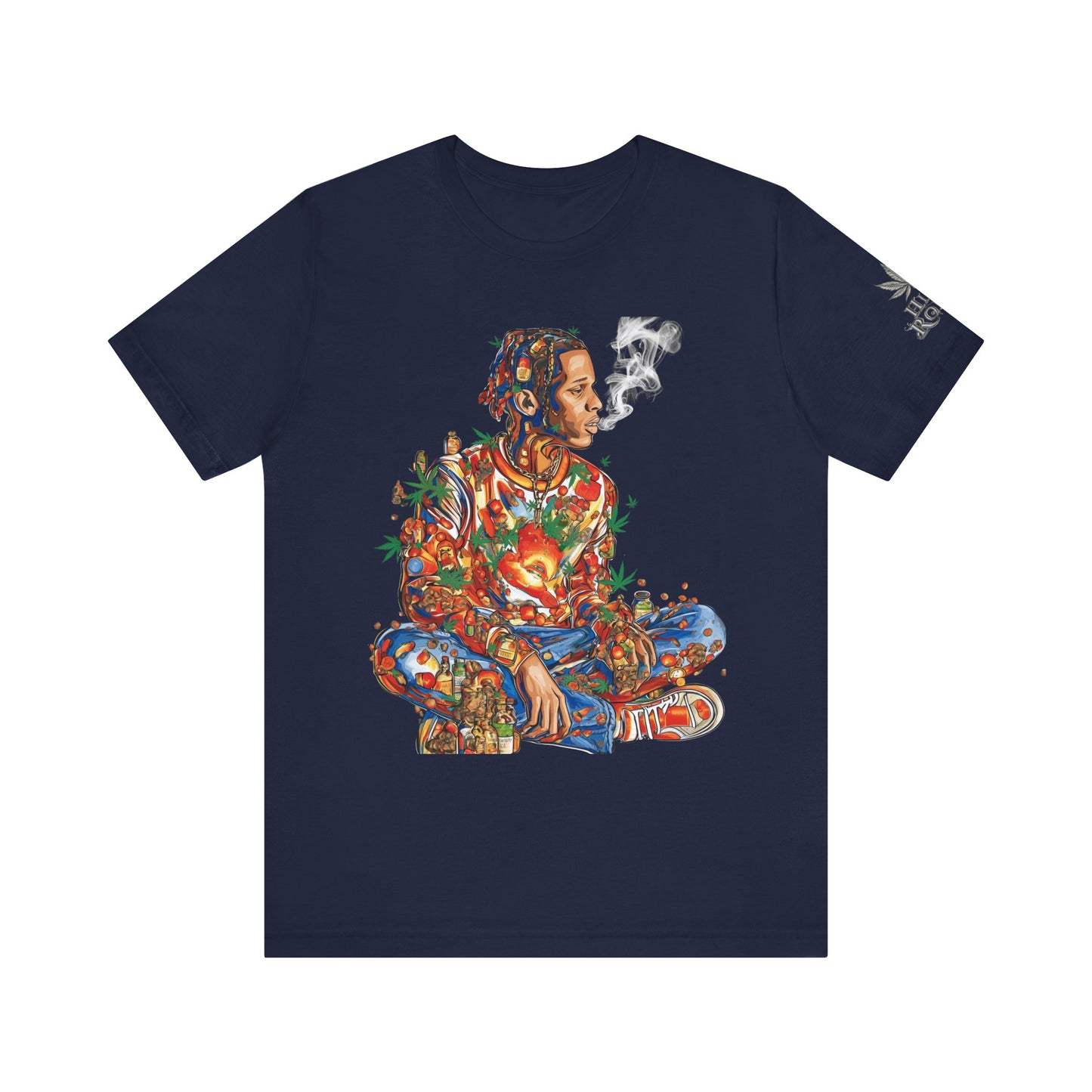High Roller Meditation Mosaic Cannabis T-Shirt - Premium 420 Hip-Hop Zen Cross-Legged Street Culture Artistic Collage Apparel