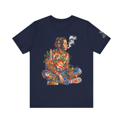 High Roller Meditation Mosaic Cannabis T-Shirt - Premium 420 Hip-Hop Zen Cross-Legged Street Culture Artistic Collage Apparel