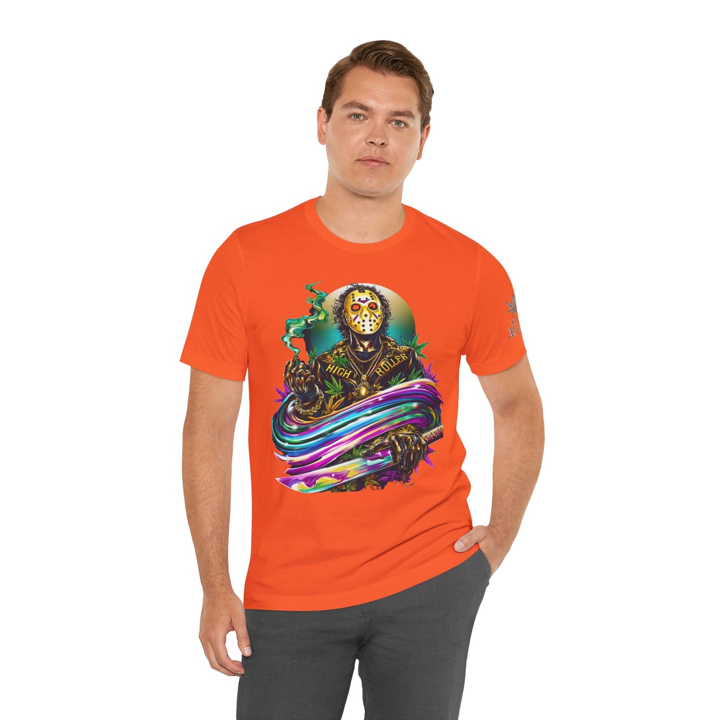 Psychedelic Jason Swoosh Cannabis T-Shirt - Premium Horror 420 Orange Edition Apparel