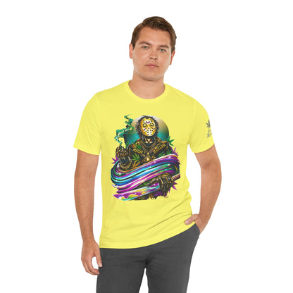 Psychedelic Jason Swoosh Cannabis T-Shirt - Premium Horror 420 Orange Edition Apparel