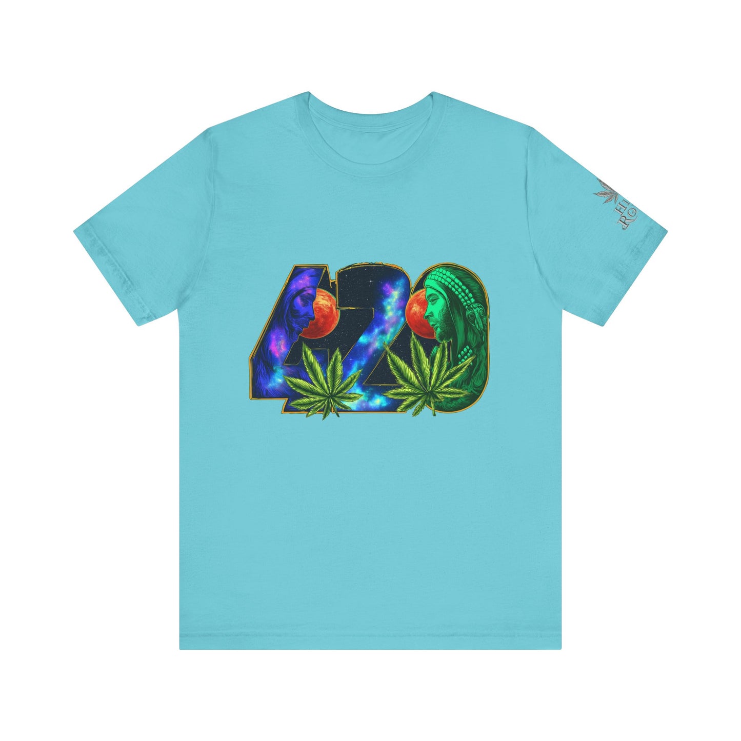 420 Cosmic Connection Premium Cannabis Culture T-Shirt - Bold Typography With Celestial Profiles And Luminous Cannabis Leaf Design