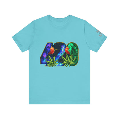 420 Cosmic Connection Premium Cannabis Culture T-Shirt - Bold Typography With Celestial Profiles And Luminous Cannabis Leaf Design