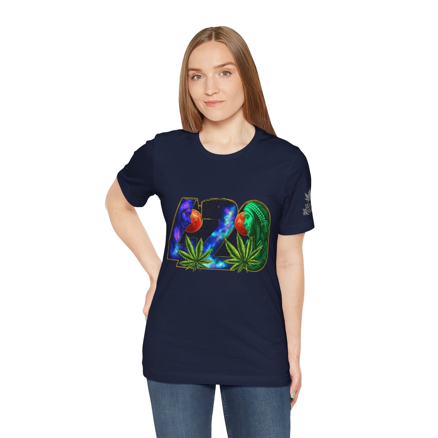 420 Cosmic Connection Premium Cannabis Culture T-Shirt - Bold Typography With Celestial Profiles And Luminous Cannabis Leaf Design
