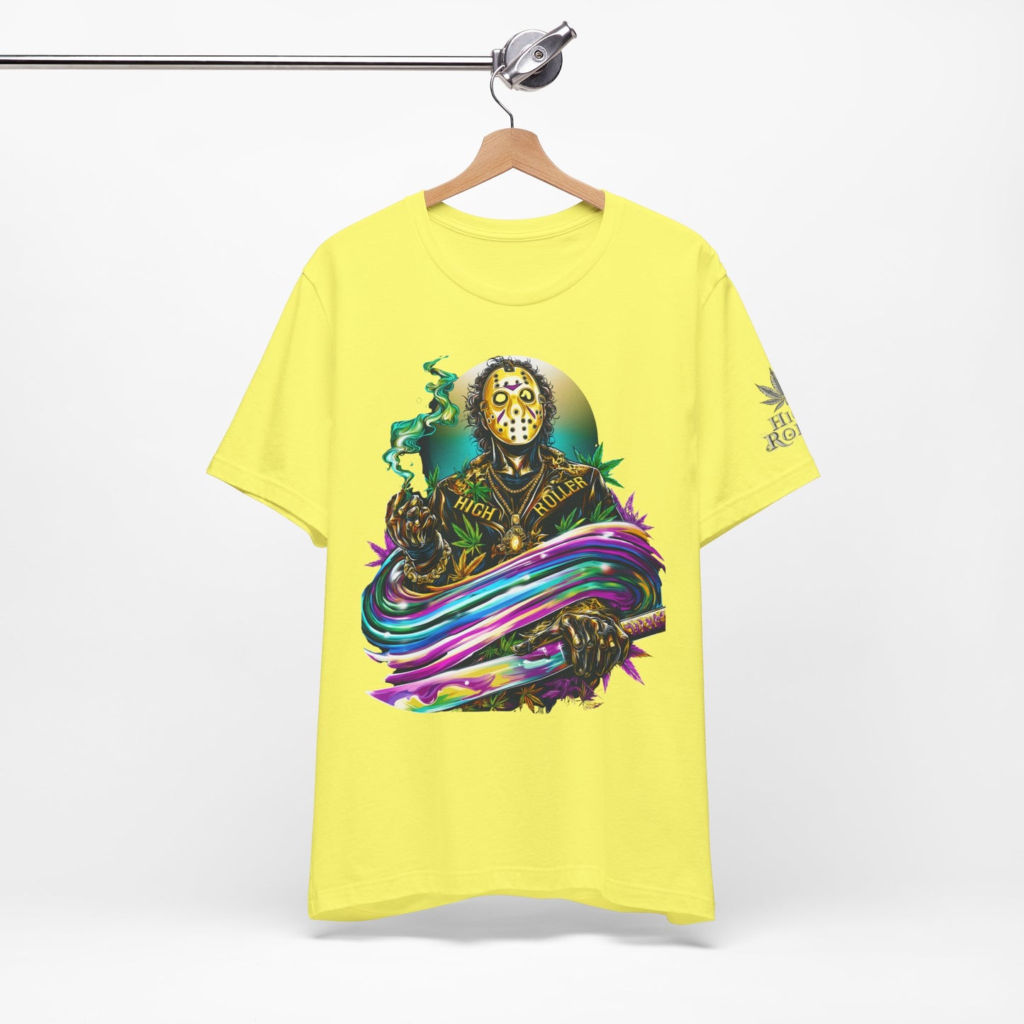 Psychedelic Jason Swoosh Cannabis T-Shirt - Premium Horror 420 Orange Edition Apparel