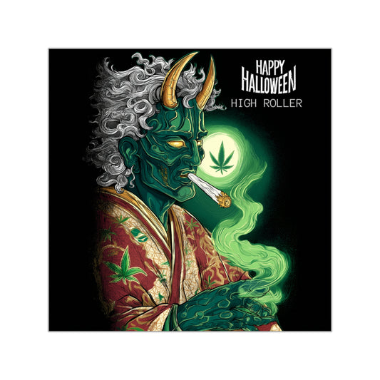 Emerald Oni Cannabis Emperor Halloween Sticker - Premium Japanese Demon HIGH ROLLER 420 Vinyl Decal