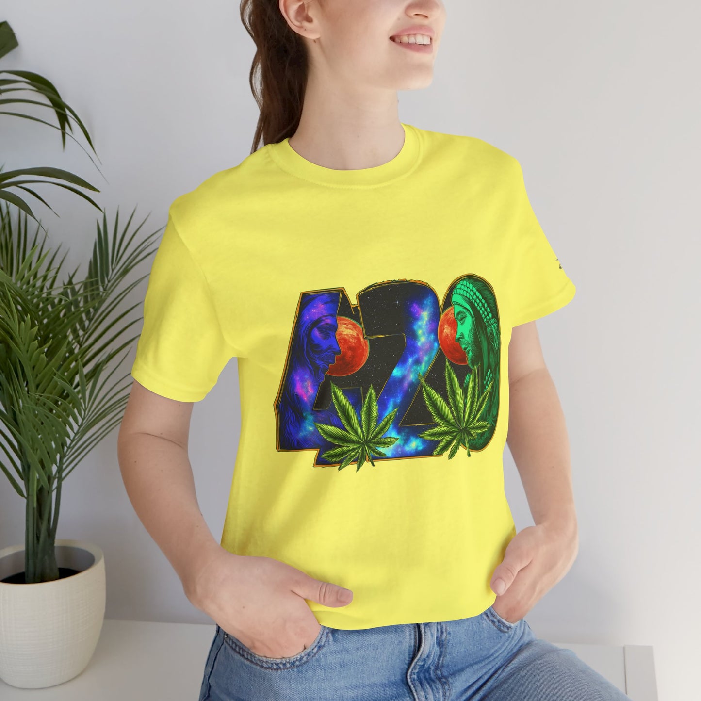 420 Cosmic Connection Premium Cannabis Culture T-Shirt - Bold Typography With Celestial Profiles And Luminous Cannabis Leaf Design