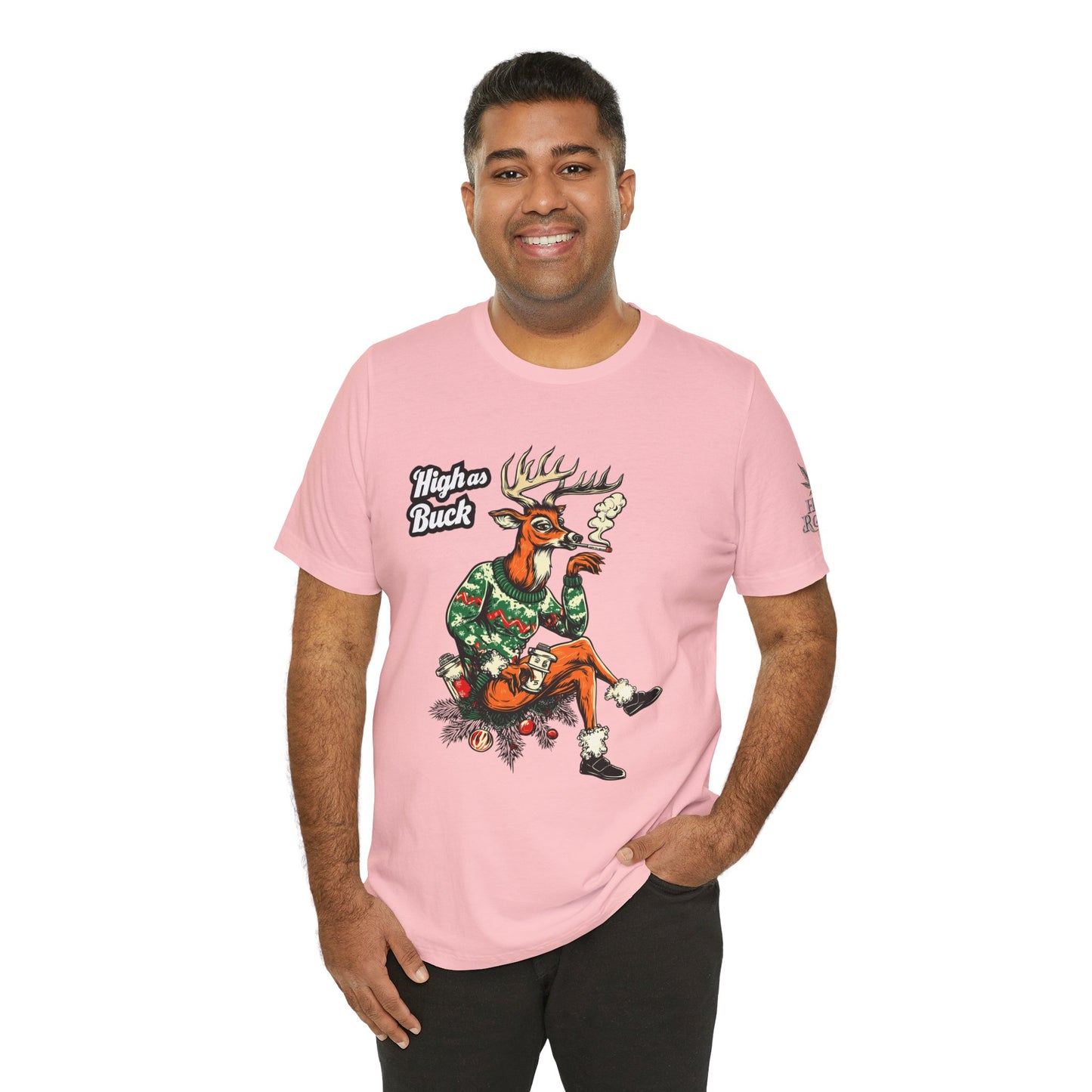 High as Buck T-Shirt - Premium Airlume Cotton Cannabis Christmas Deer Holiday Tee