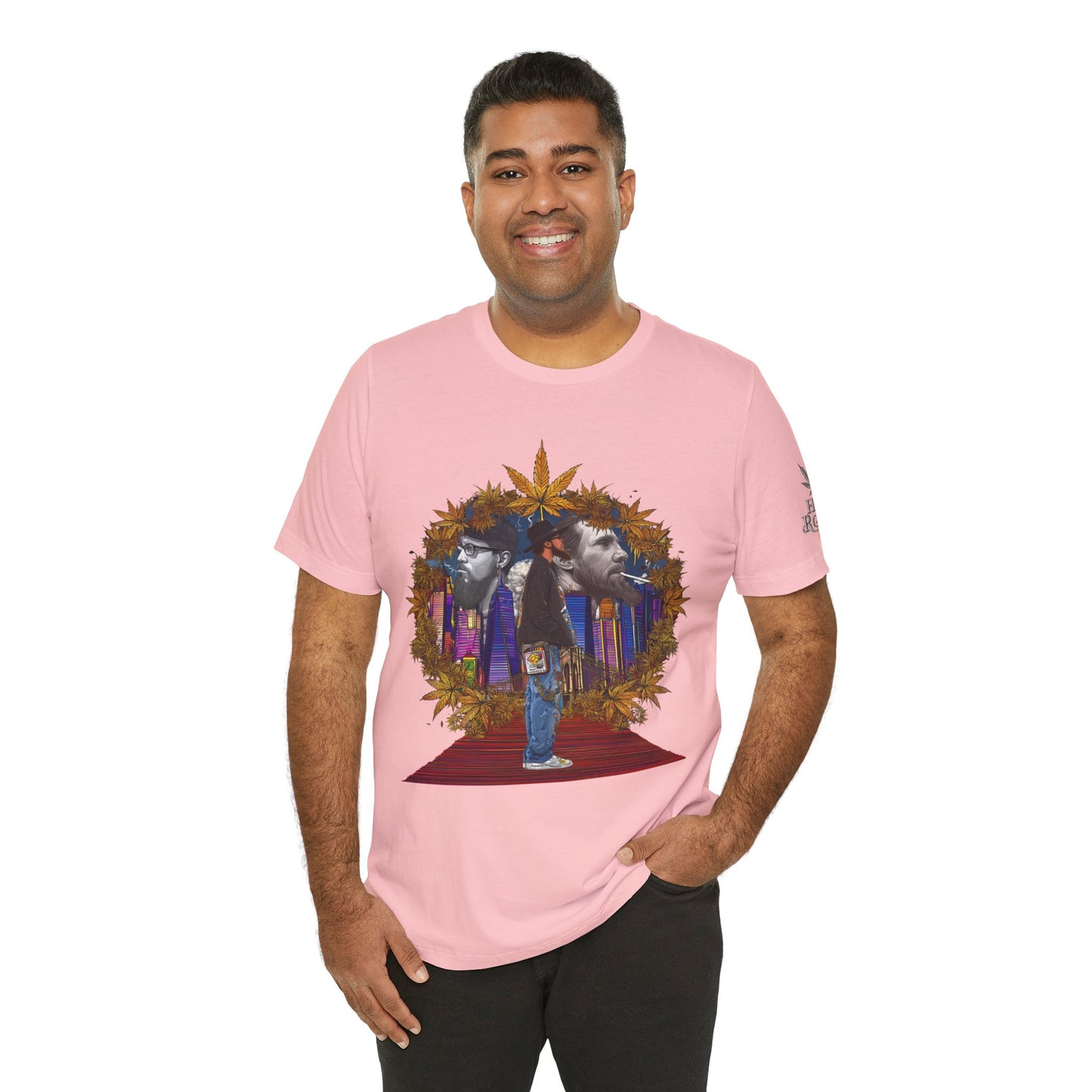 Red Carpet Royalty Premium Cannabis Culture T-Shirt - Hip-Hop Legends Tribute With Golden Cannabis Wreath And City Skyline