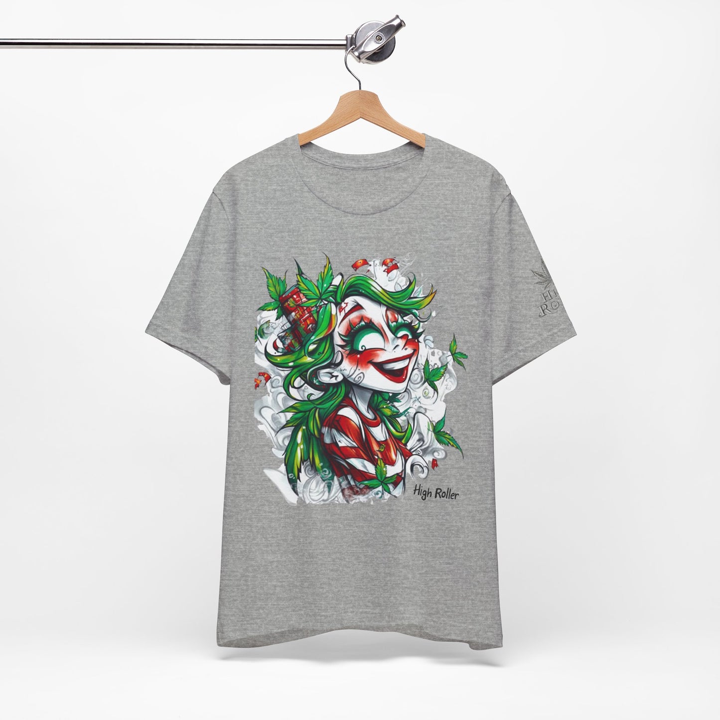 High Roller Jester Queen Cannabis T-Shirt - Premium 420 Harlequin Beauty Holiday Celebration Apparel