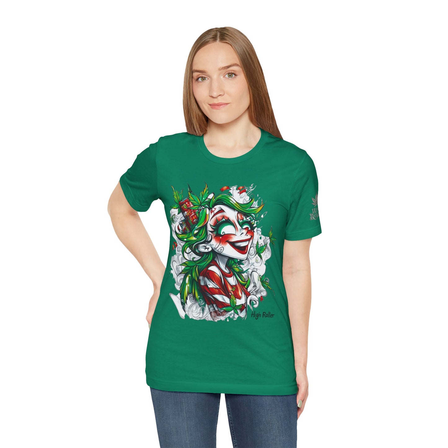 High Roller Jester Queen Cannabis T-Shirt - Premium 420 Harlequin Beauty Holiday Celebration Apparel