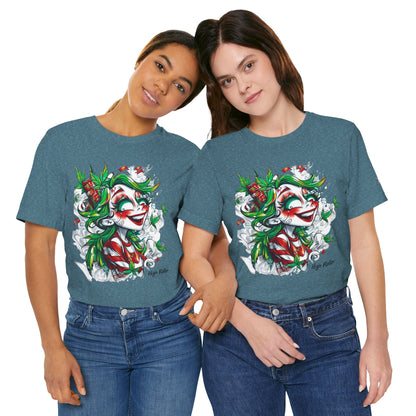 High Roller Jester Queen Cannabis T-Shirt - Premium 420 Harlequin Beauty Holiday Celebration Apparel