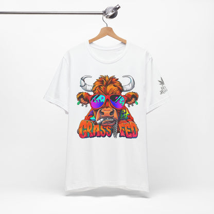 High Roller Grass Fed Cannabis T-Shirt - Premium 420 Highland Cow Humor Psychedelic Sunglasses Farm Culture Comedy Apparel