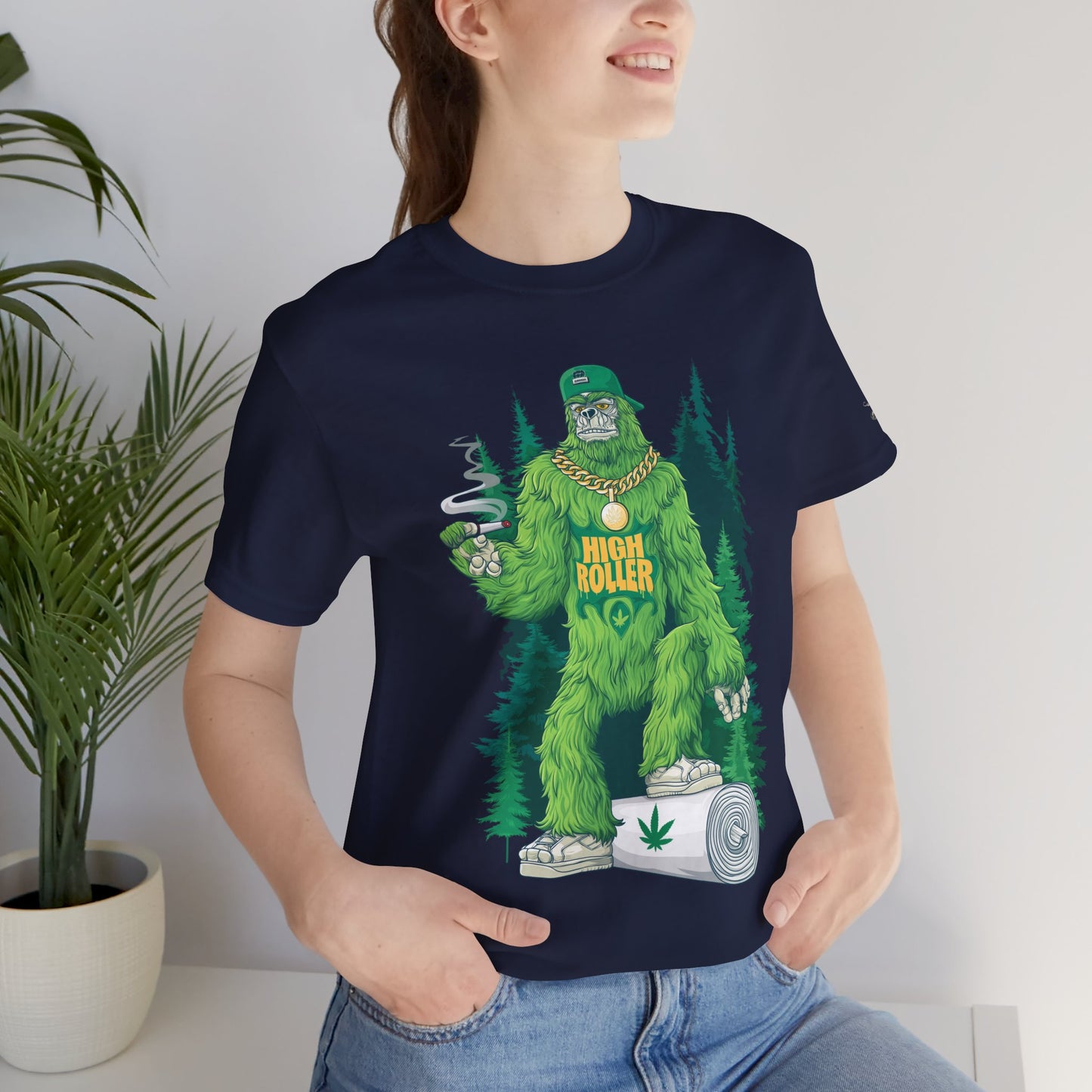 Bigfoot HIGH ROLLER Halloween Cannabis Forest T-Shirt - Premium Sasquatch Lifestyle Legend 420 Apparel