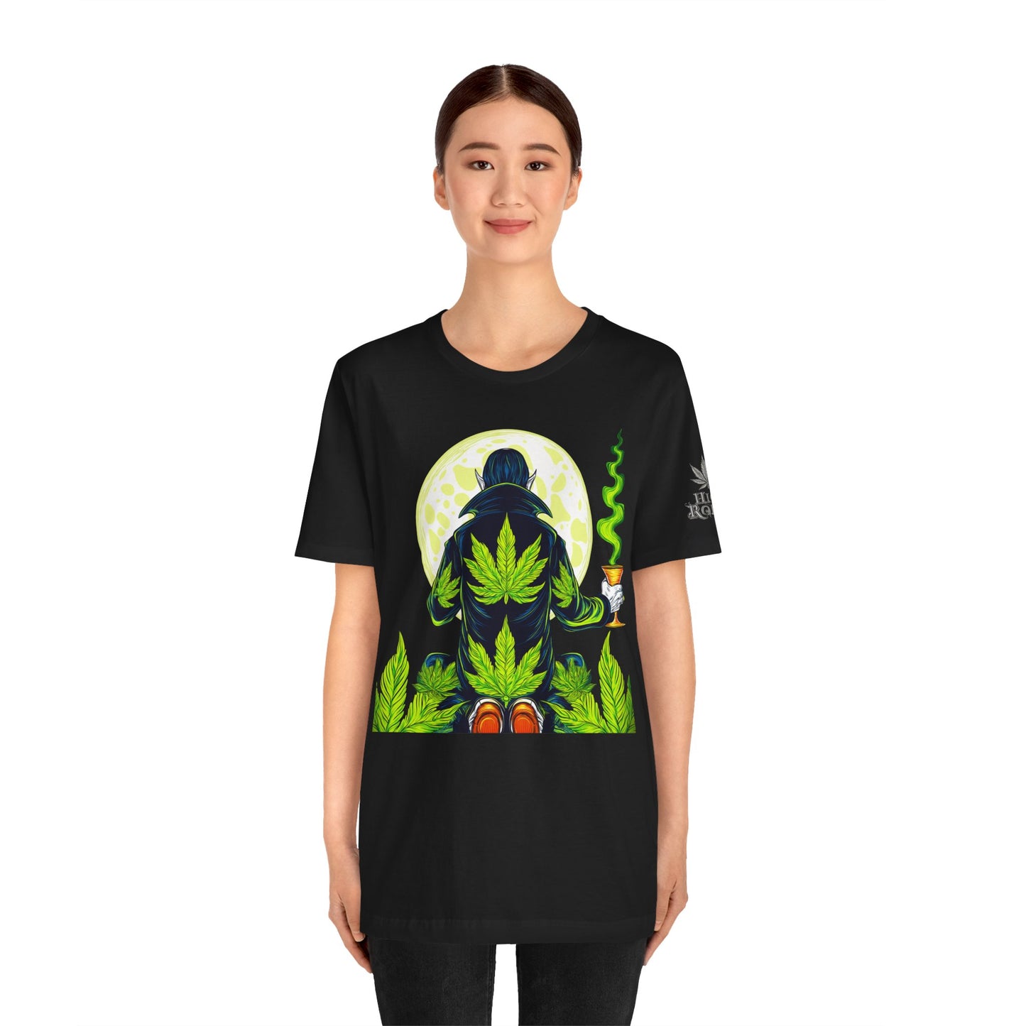 Luxury Gothic Cannabis Vampire T-Shirt - Premium Dark HIGH ROLLER Streetwear - Elevated Nocturnal 420 Fashion