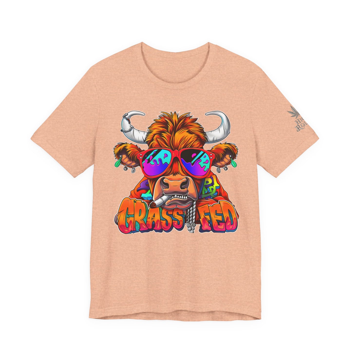 High Roller Grass Fed Cannabis T-Shirt - Premium 420 Highland Cow Humor Psychedelic Sunglasses Farm Culture Comedy Apparel