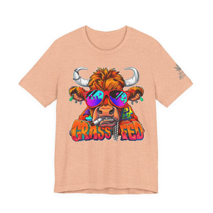 High Roller Grass Fed Cannabis T-Shirt - Premium 420 Highland Cow Humor Psychedelic Sunglasses Farm Culture Comedy Apparel
