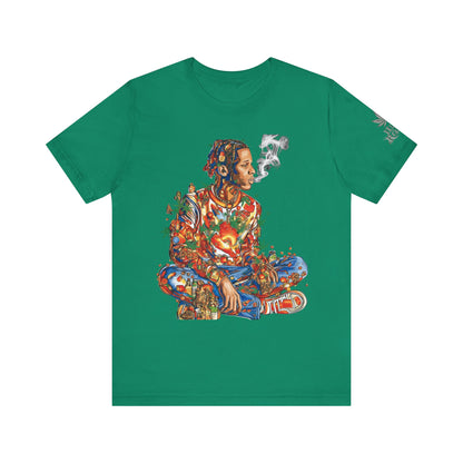 High Roller Meditation Mosaic Cannabis T-Shirt - Premium 420 Hip-Hop Zen Cross-Legged Street Culture Artistic Collage Apparel