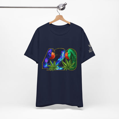 420 Cosmic Connection Premium Cannabis Culture T-Shirt - Bold Typography With Celestial Profiles And Luminous Cannabis Leaf Design