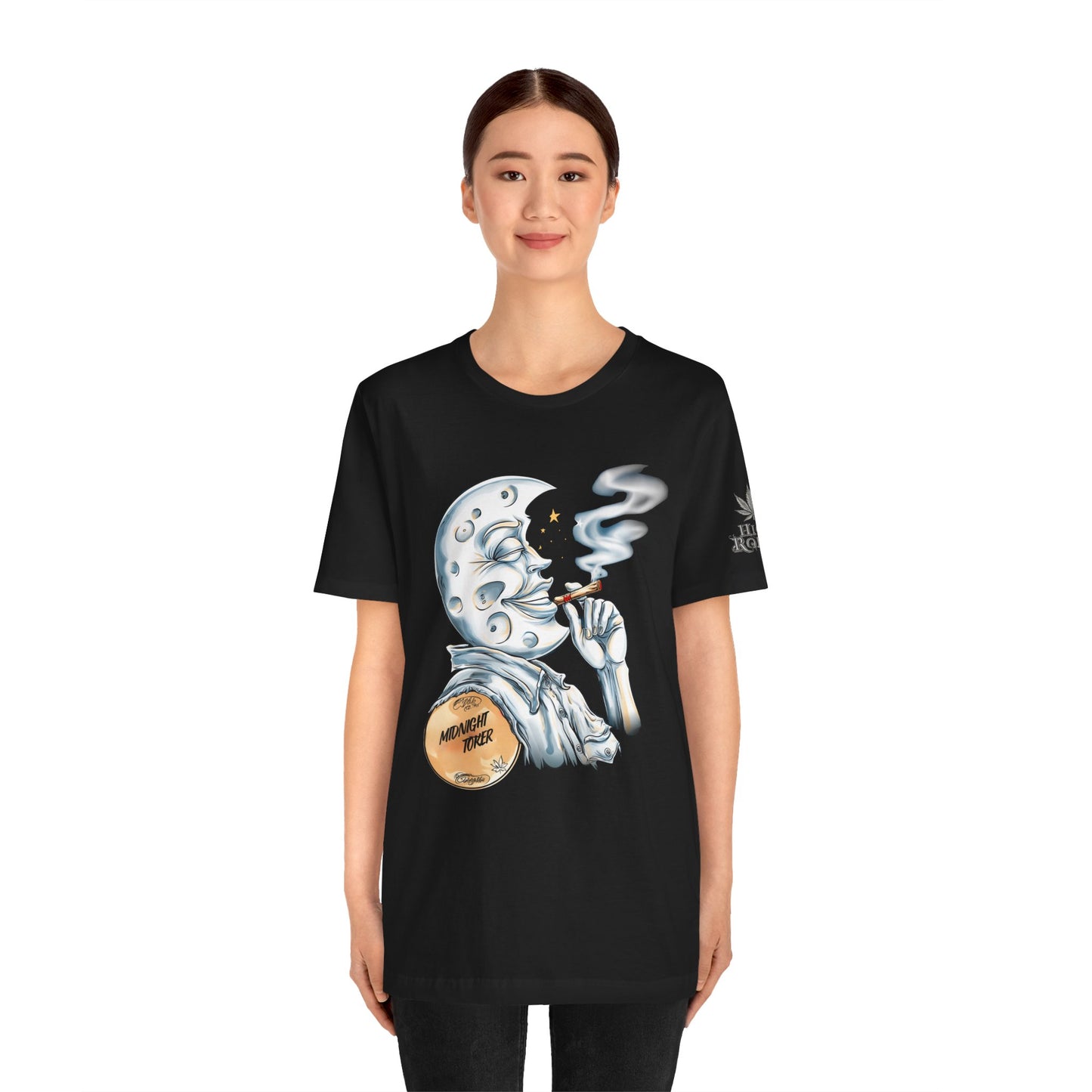 Midnight Toker Moon Tee - Celestial Cannabis Art Design | High Roller