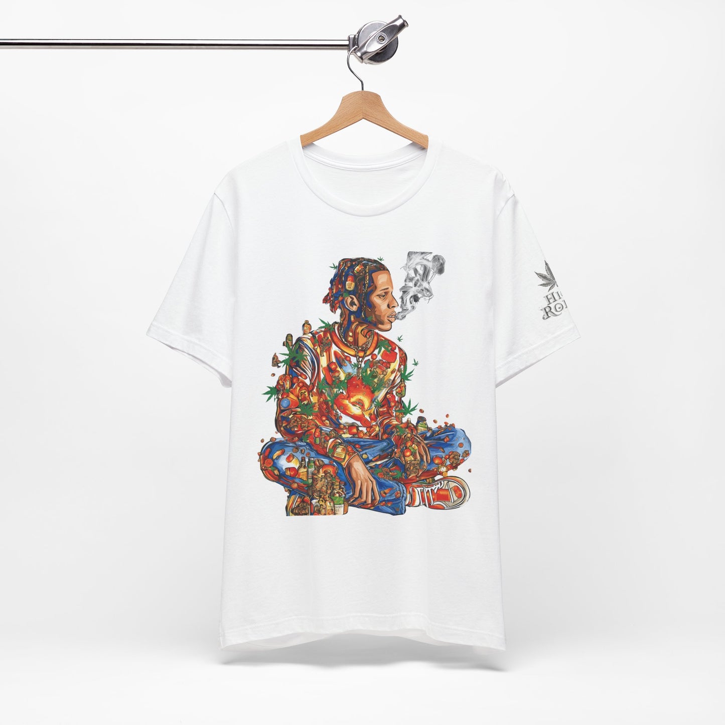 High Roller Meditation Mosaic Cannabis T-Shirt - Premium 420 Hip-Hop Zen Cross-Legged Street Culture Artistic Collage Apparel