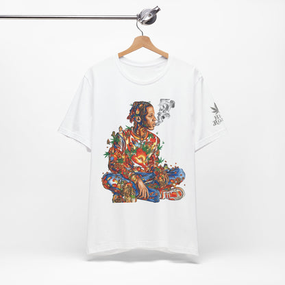 High Roller Meditation Mosaic Cannabis T-Shirt - Premium 420 Hip-Hop Zen Cross-Legged Street Culture Artistic Collage Apparel