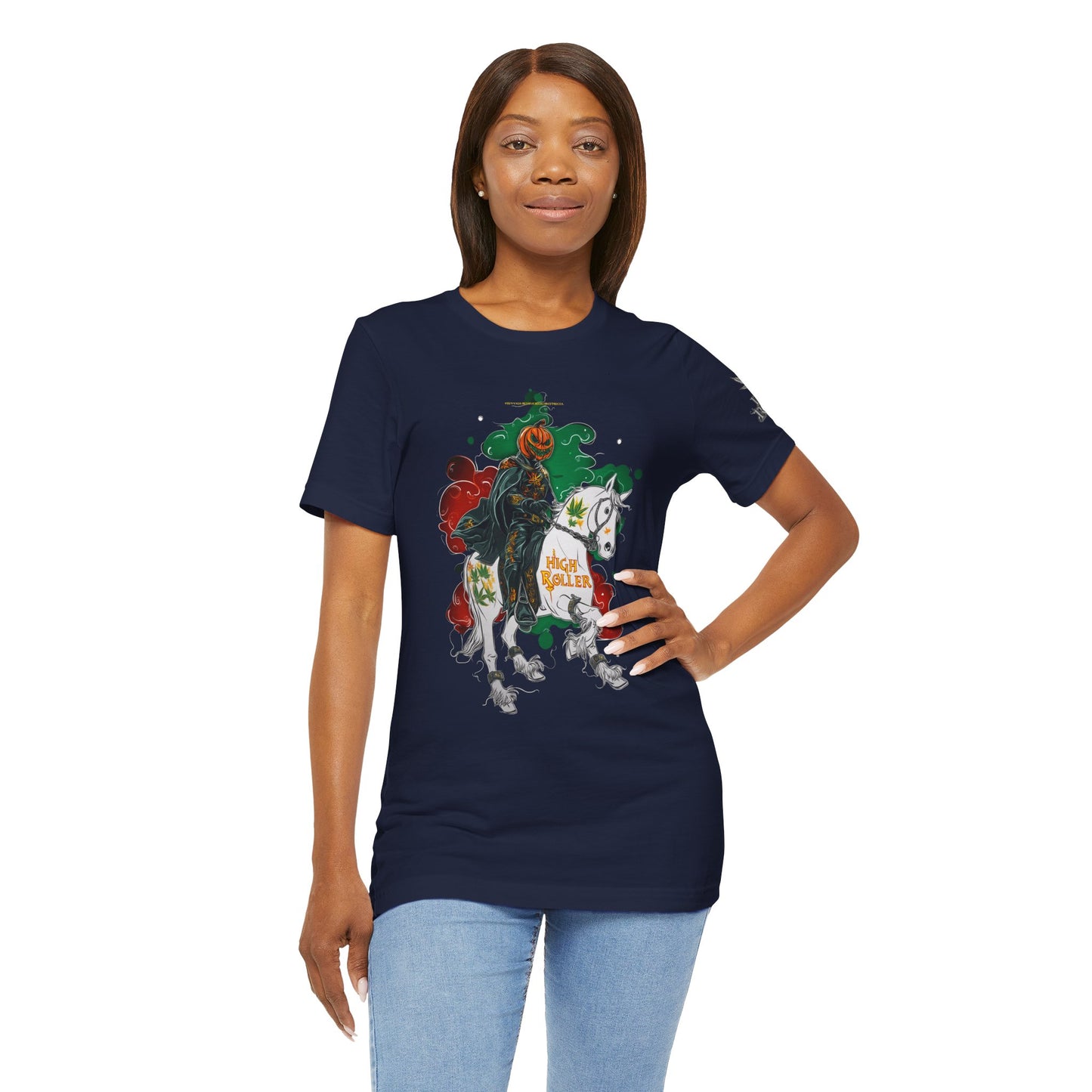 Headless Horseman HIGH ROLLER Halloween Cannabis T-Shirt - Premium Pumpkin Rider Skeletal Steed 420 Apparel