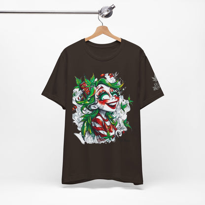 High Roller Jester Queen Cannabis T-Shirt - Premium 420 Harlequin Beauty Holiday Celebration Apparel
