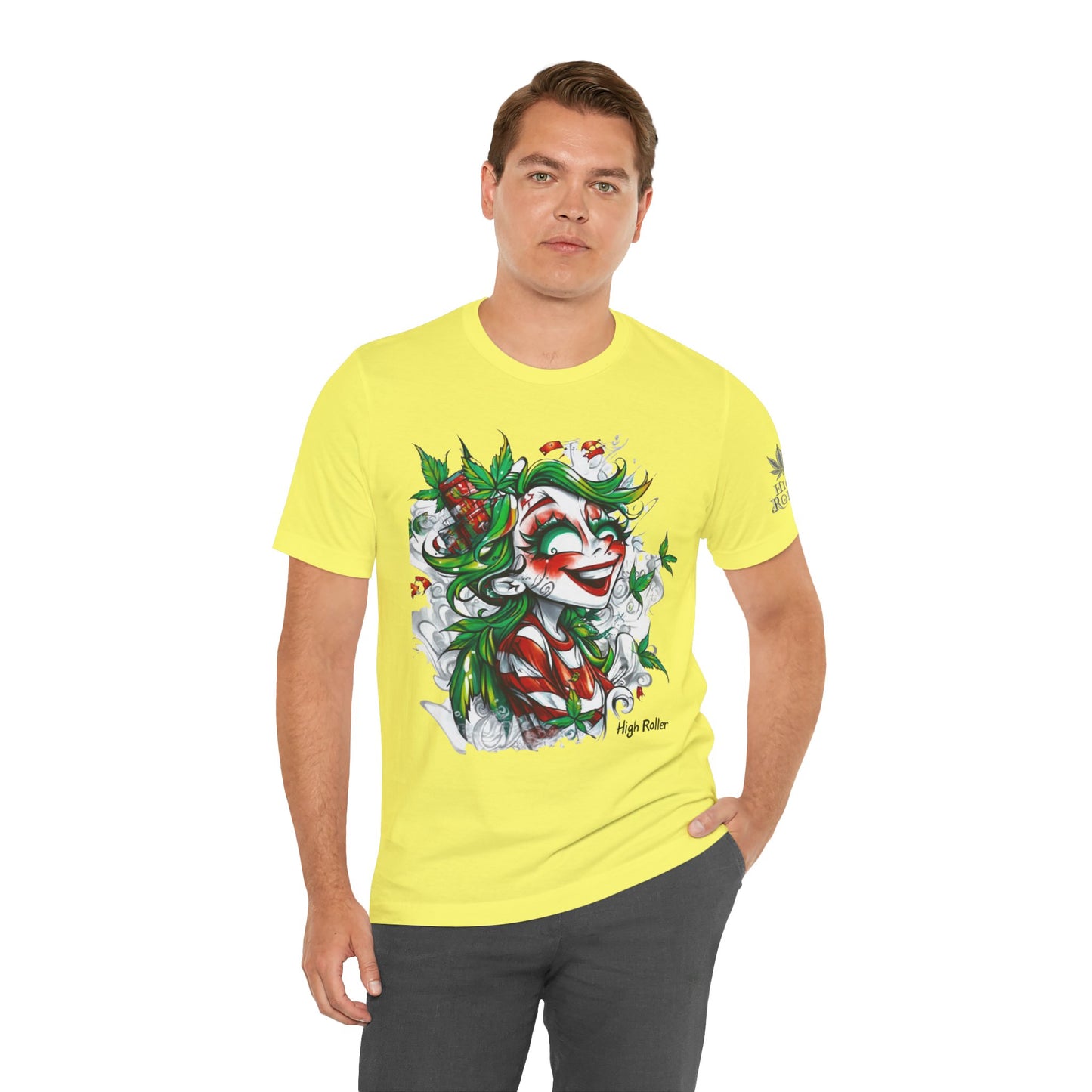 High Roller Jester Queen Cannabis T-Shirt - Premium 420 Harlequin Beauty Holiday Celebration Apparel
