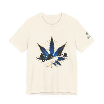 Sacred Geometry Snowboard Premium Cannabis Culture T-Shirt - Emerald Green Tee With Action Sports And Crystalline Cannabis Geometric Mandala