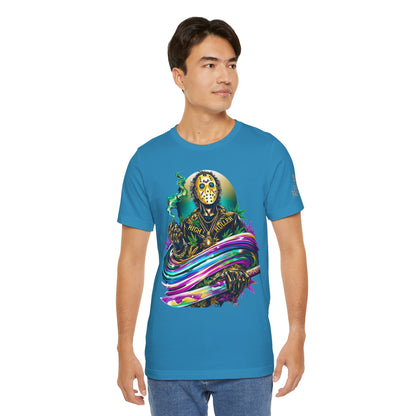 Psychedelic Jason Swoosh Cannabis T-Shirt - Premium Horror 420 Orange Edition Apparel