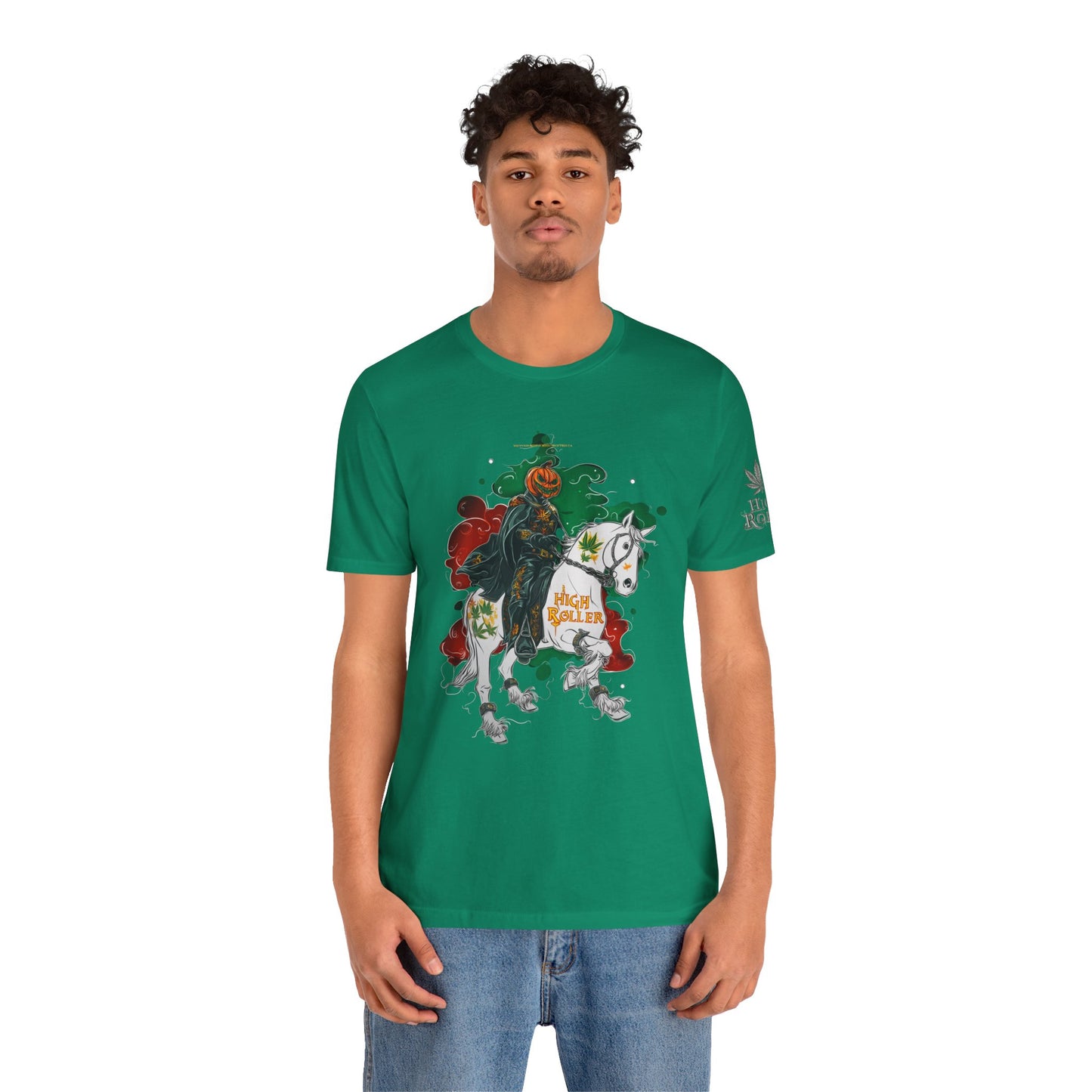Headless Horseman HIGH ROLLER Halloween Cannabis T-Shirt - Premium Pumpkin Rider Skeletal Steed 420 Apparel