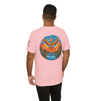 Cannabis Paradise Circle Tee - Tropical Sunset Art Design | High Roller