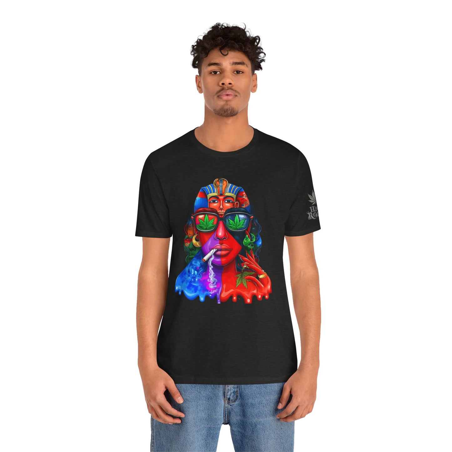 Pharaoh Vision Premium Cannabis Culture T-Shirt - Ancient Egyptian Royalty With Modern Cannabis Celebration And Psychedelic Split-Face Art