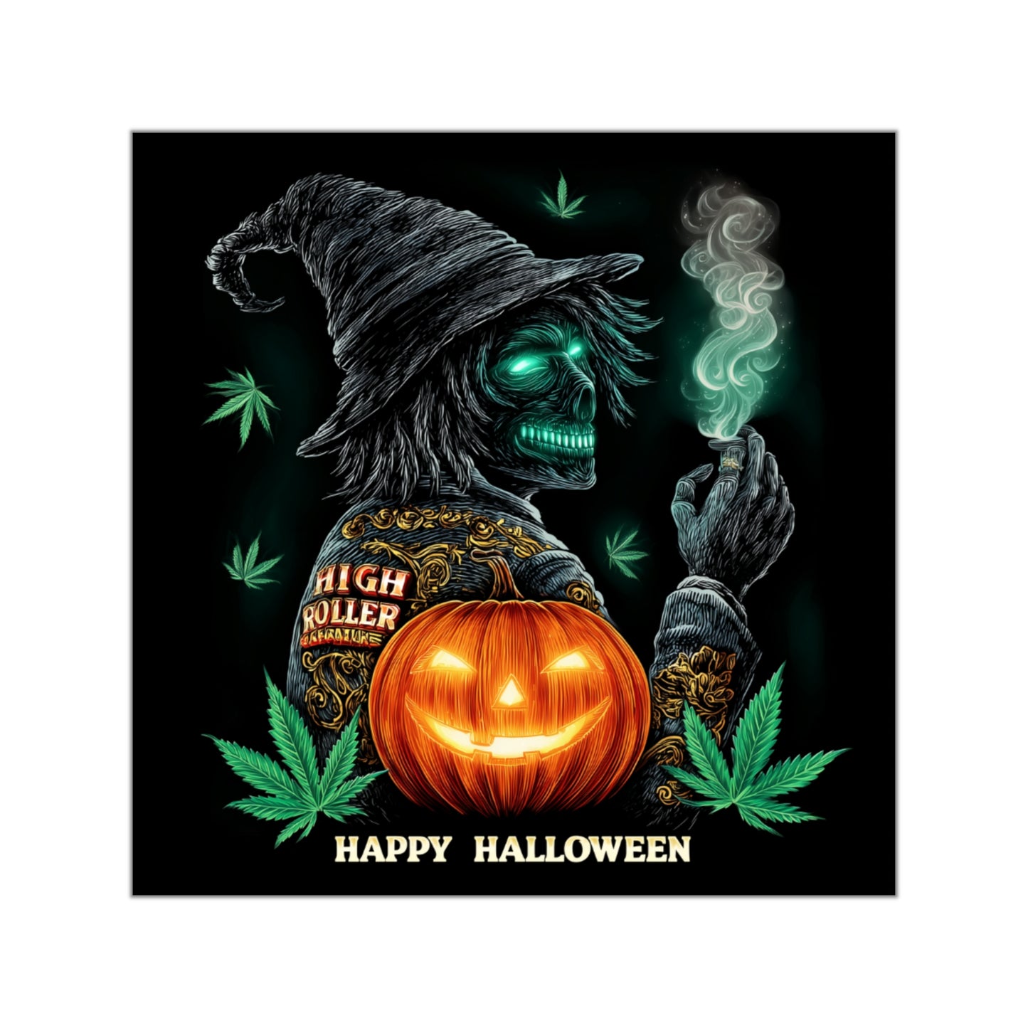 Skull Witch Cannabis Wizard Halloween Sticker - Premium Death Sorcerer HIGH ROLLER Jack O'Lantern 420 Vinyl Decal