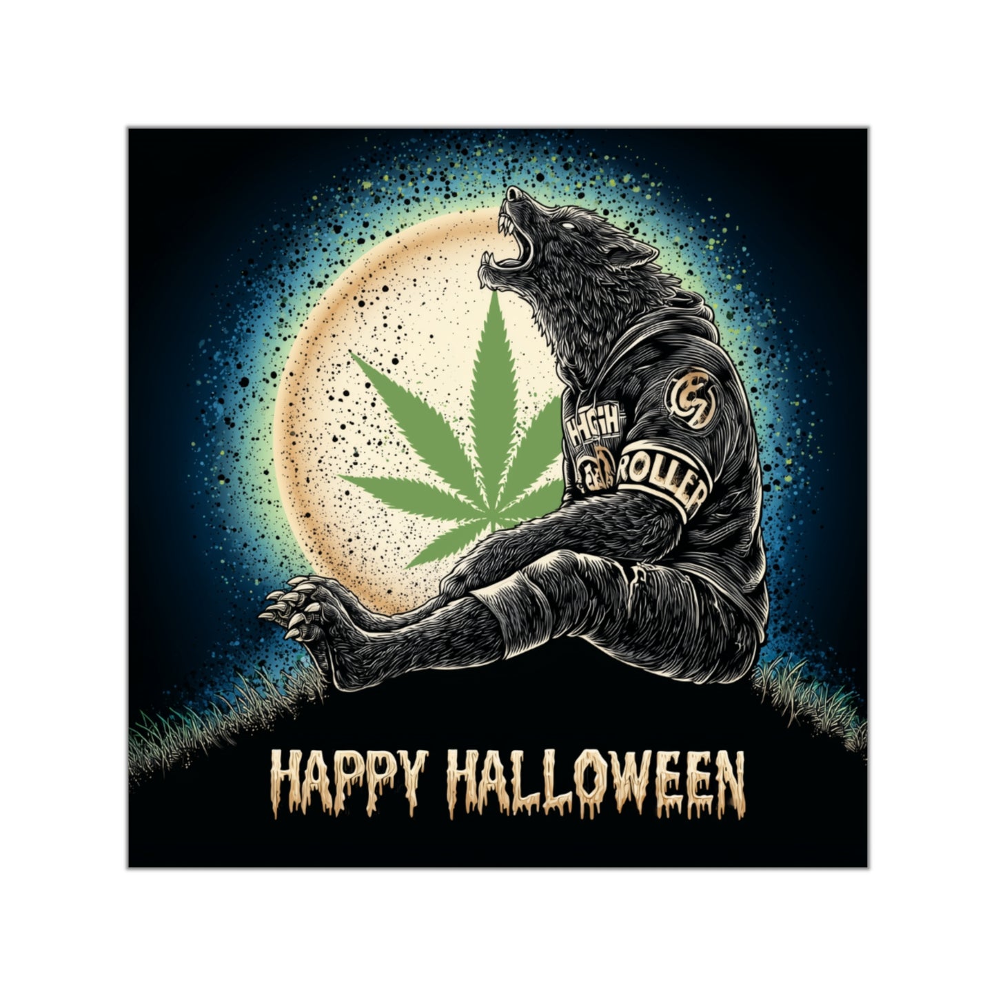 Werewolf HIGH ROLLER Halloween Cannabis Moon Sticker - Premium Lycanthrope Leather Jacket 420 Vinyl Decal