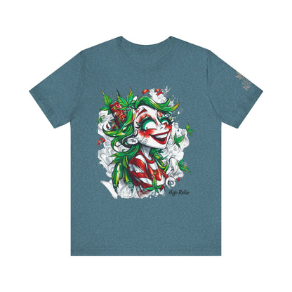 High Roller Jester Queen Cannabis T-Shirt - Premium 420 Harlequin Beauty Holiday Celebration Apparel