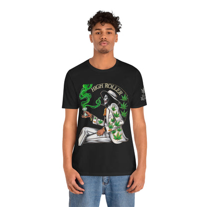 Skeletal HIGH ROLLER Halloween Cannabis Lounge T-Shirt - Premium Death's Day Off Botanical Relaxation 420 Apparel