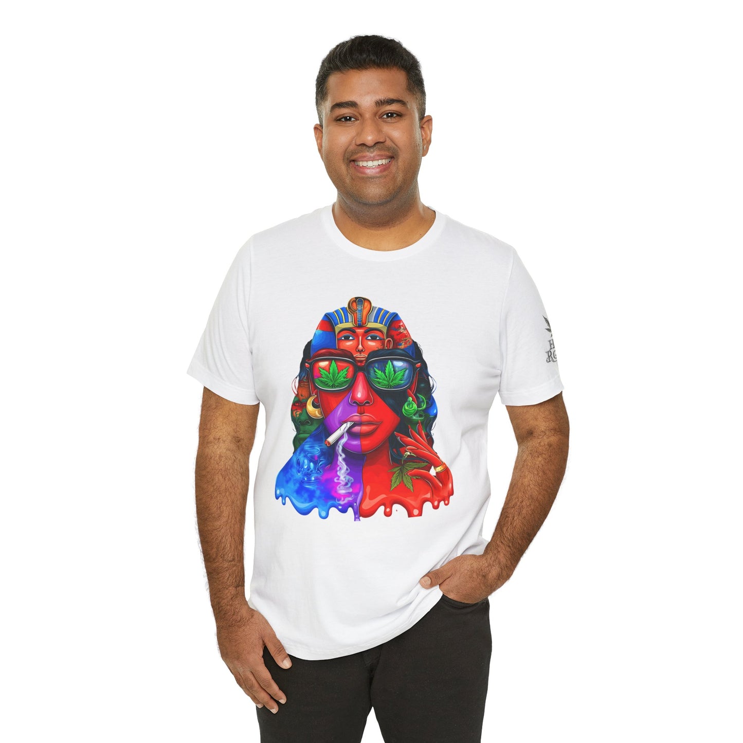 Pharaoh Vision Premium Cannabis Culture T-Shirt - Ancient Egyptian Royalty With Modern Cannabis Celebration And Psychedelic Split-Face Art