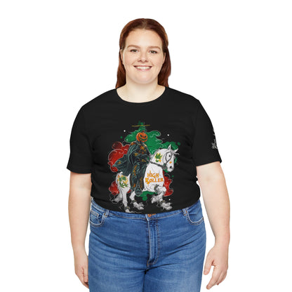 Headless Horseman HIGH ROLLER Halloween Cannabis T-Shirt - Premium Pumpkin Rider Skeletal Steed 420 Apparel
