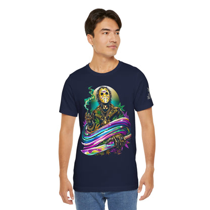 Psychedelic Jason Swoosh Cannabis T-Shirt - Premium Horror 420 Orange Edition Apparel
